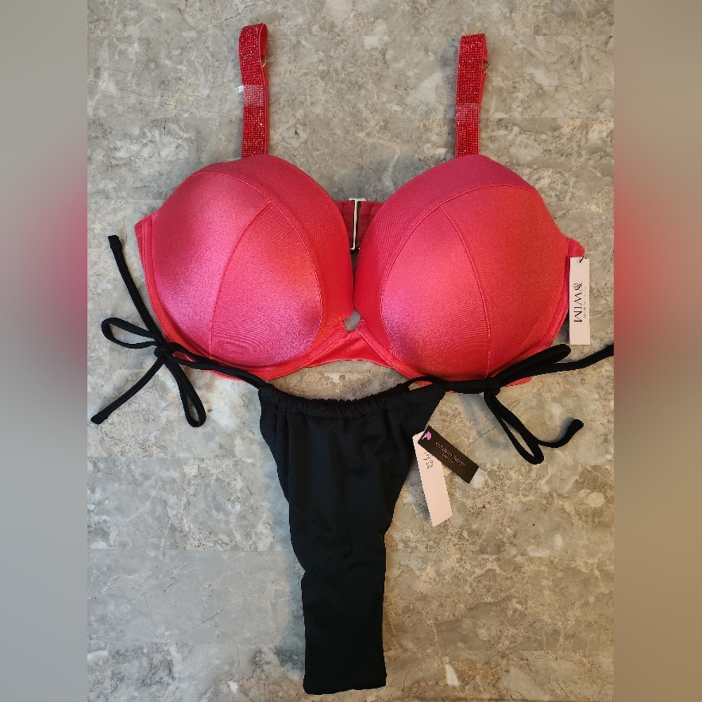 38DD/XL VS Swim Shine Strap Sexy Tee PushUp BikiniTop SideTie Thong Bikini Set